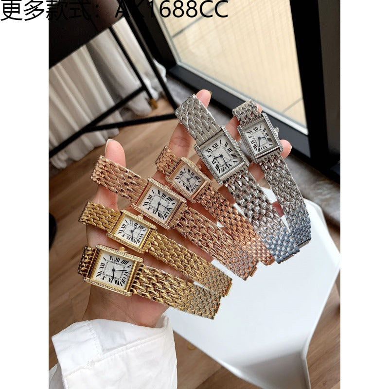 ساعة نسائية كوارتز مربعة الشكل من سلسلة تانك، بتصميم عصري، وأرقام رومانية، قابلة للتحويل إلى ساعات عبر الحدود