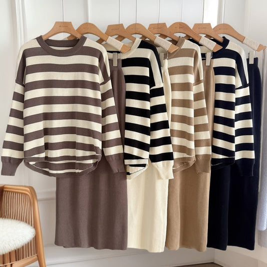 A Knitted long-sleeved top skirt two-piece set