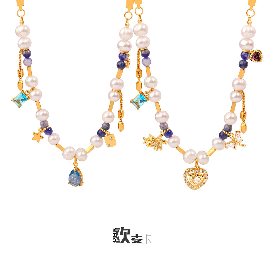 A ins European and American light luxury commuter necklace women's geometric love inlaid zircon pendant ins freshwater pearl natural stone collarbone