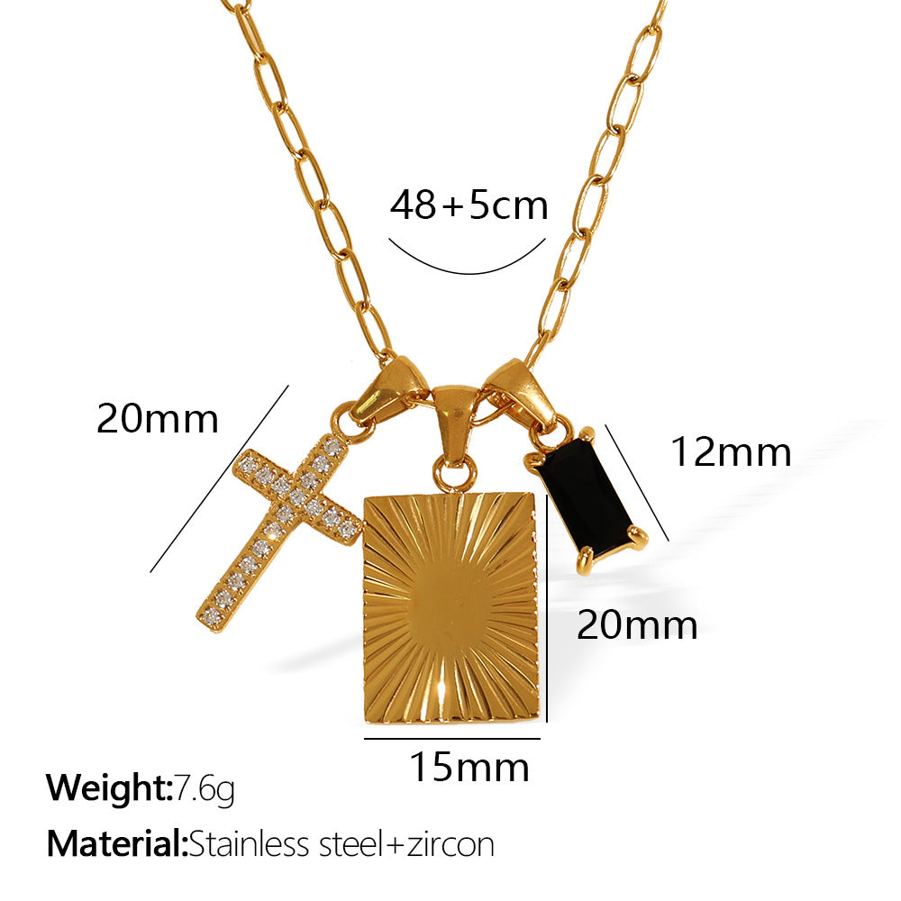 A European and American cross-border trends Unique personality Black opal square cross combination pendant Titanium steel necklace