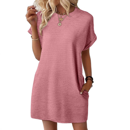 Europe, America, cross-border Amazon independent station 2025 summer new product loose round neck pocket solid color short-sleeved dress women