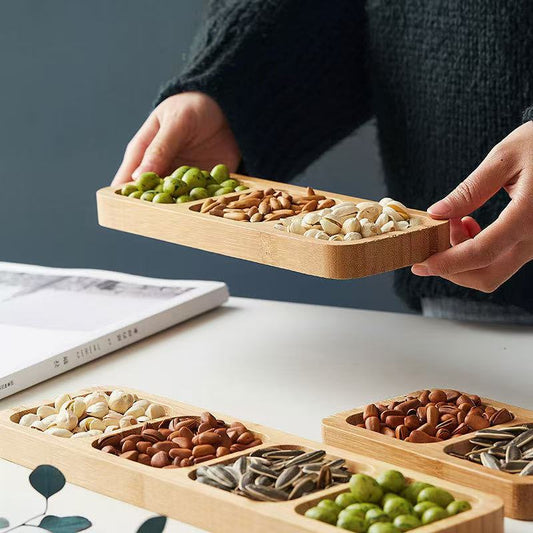 A Japanese-style bamboo and wood dried fruit plate