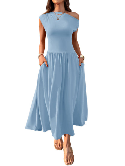 Cross-border Europe, America, Amazon Independent Station 2025 summer slanted shoulder sexy waist solid color long dress with pocket