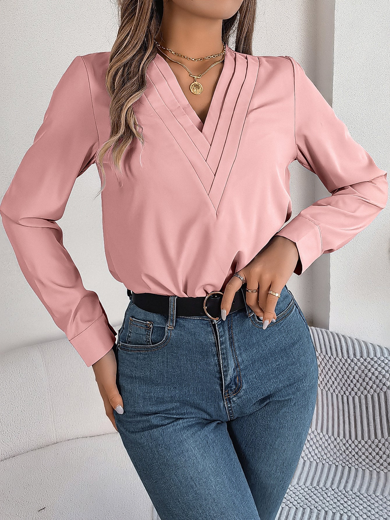 A Women's V-Neck Long Sleeve Shirt