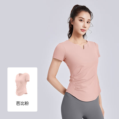 A new v-neck pleated yoga suit short-sleeved women's shock-proof fixed cup slimming sports fitness top