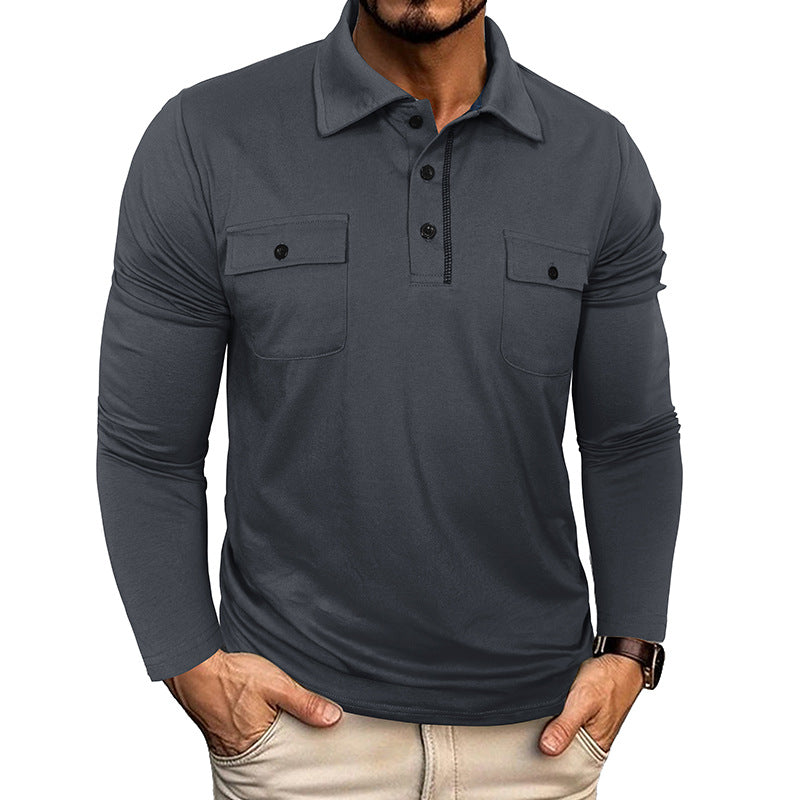 A Men's long-sleeved pocket lapel autumn and winter POLO shirt foreign trade European and American outdoor casual polo suit men's cotton top