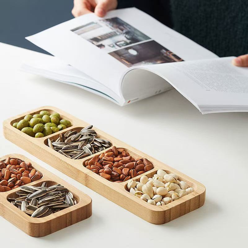 A Japanese-style bamboo and wood dried fruit plate