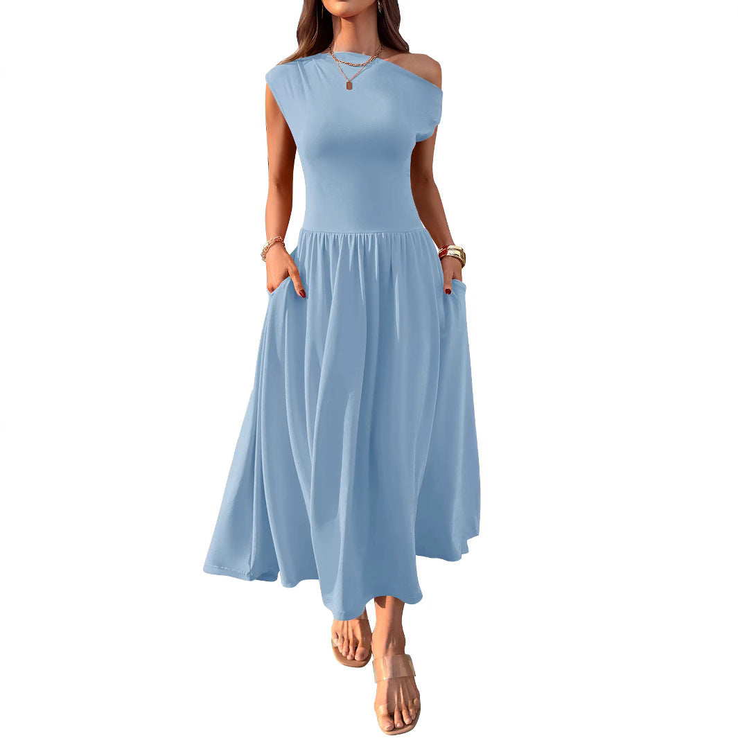 Cross-border Europe, America, Amazon Independent Station 2025 summer slanted shoulder sexy waist solid color long dress with pocket
