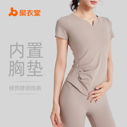 A new v-neck pleated yoga suit short-sleeved women's shock-proof fixed cup slimming sports fitness top