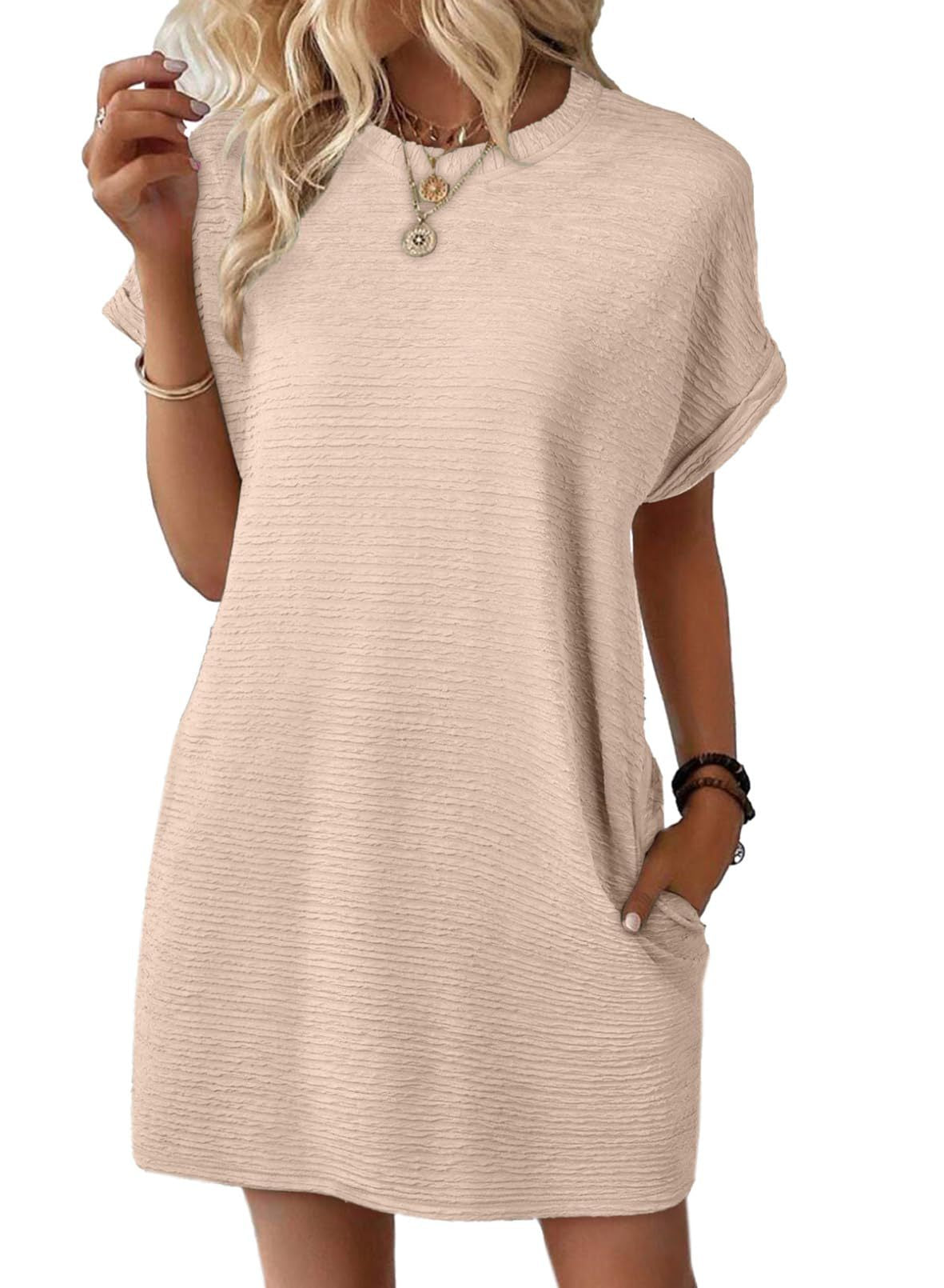 Europe, America, cross-border Amazon independent station 2025 summer new product loose round neck pocket solid color short-sleeved dress women