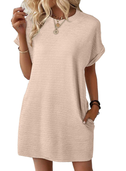 Europe, America, cross-border Amazon independent station 2025 summer new product loose round neck pocket solid color short-sleeved dress women