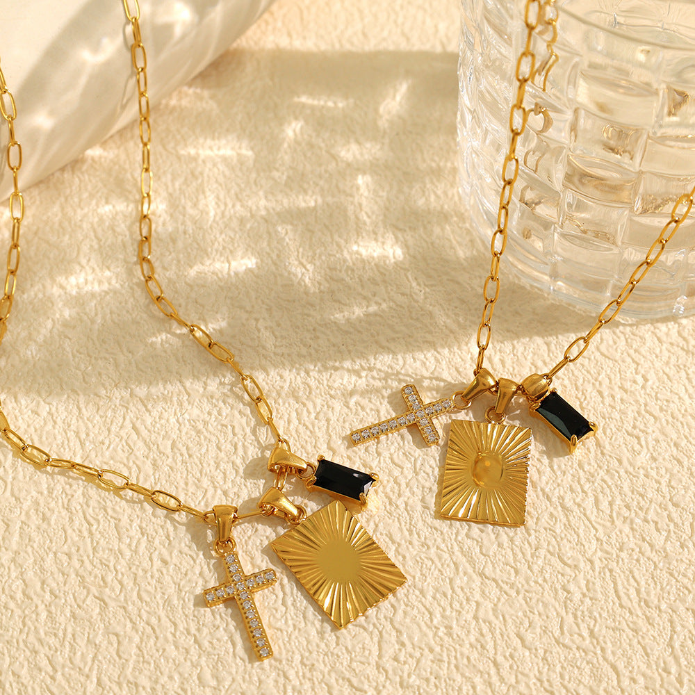 A European and American cross-border trends Unique personality Black opal square cross combination pendant Titanium steel necklace
