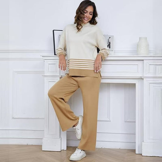 A long-sleeved striped knit two-piece set