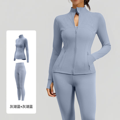 A Cross-border solid color splicing sports suit, slim fit training, fitness yoga clothes, women with pockets