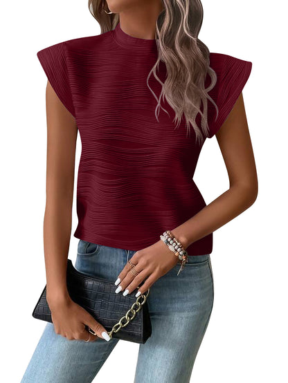 European and American cross-border 2025 Amazon independent station summer new semi-turtleneck textured wavy strip button short-sleeved top - Mixbatch