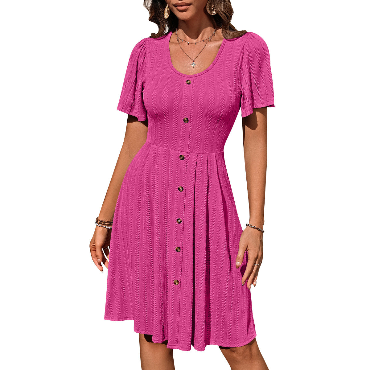 European and American cross-border 2025 Amazon summer new women's clothing round neck button elastic casual temperament short-sleeved dress