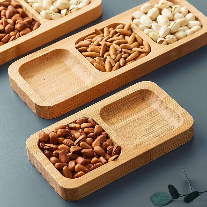 A Japanese-style bamboo and wood dried fruit plate