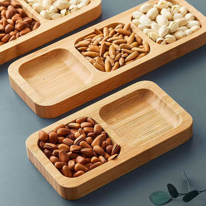 A Japanese-style bamboo and wood dried fruit plate