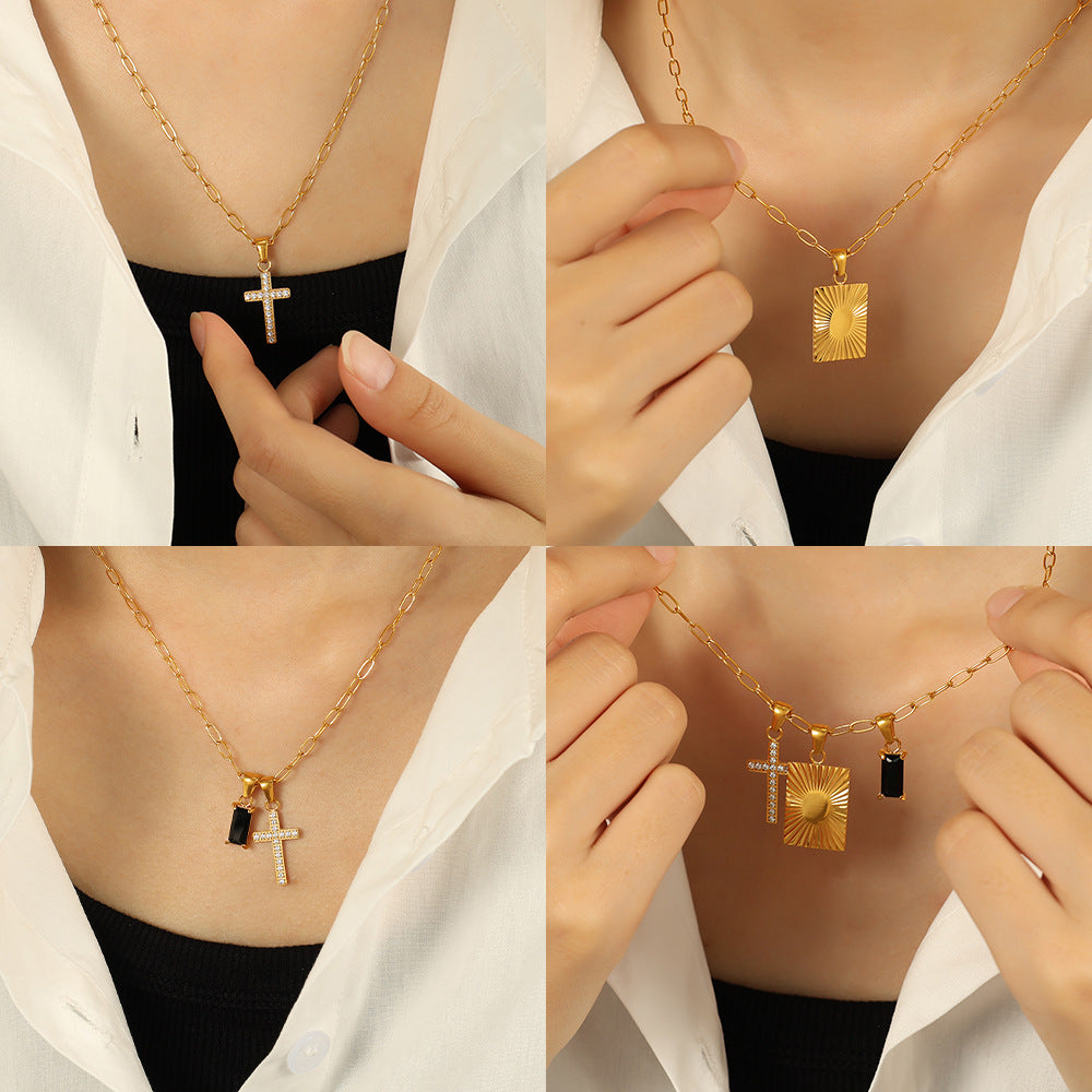 A European and American cross-border trends Unique personality Black opal square cross combination pendant Titanium steel necklace