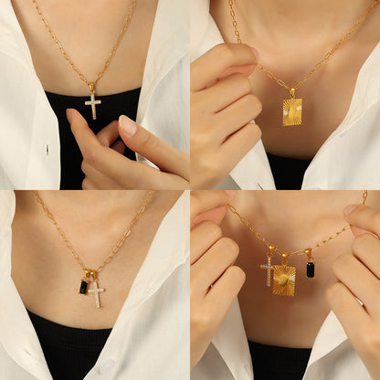 A European and American cross-border trends Unique personality Black opal square cross combination pendant Titanium steel necklace