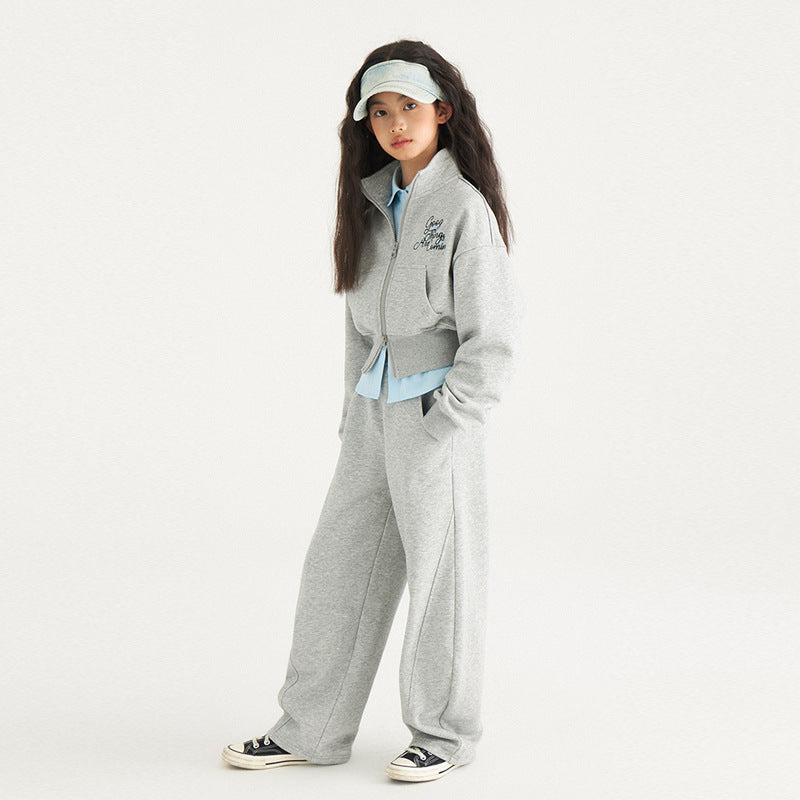 B2-m27 Spring new children's cotton stand-up collar zipper sweater sweatpants set - Mixbatch
