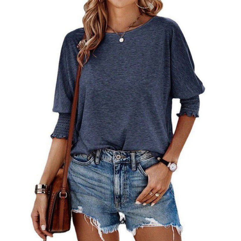 Europe, America, cross-border Amazon 2025 summer new products fashion loose round neck cuffs long version large size T-shirt women
