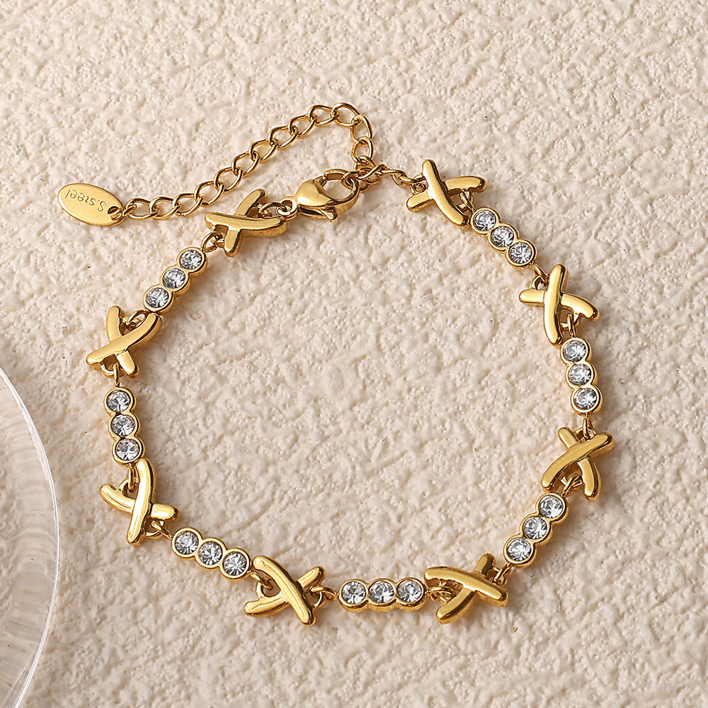 A European and American fashion ins necklace bracelet set light luxury cross-border X-shaped rhinestone stainless steel plated 18K gold bracelet women