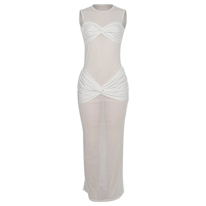 D098DS European and American cross-border 2025 spring new evening dress perspective mesh sexy solid color hip-wrapped women's jumpsuit - Mixbatch