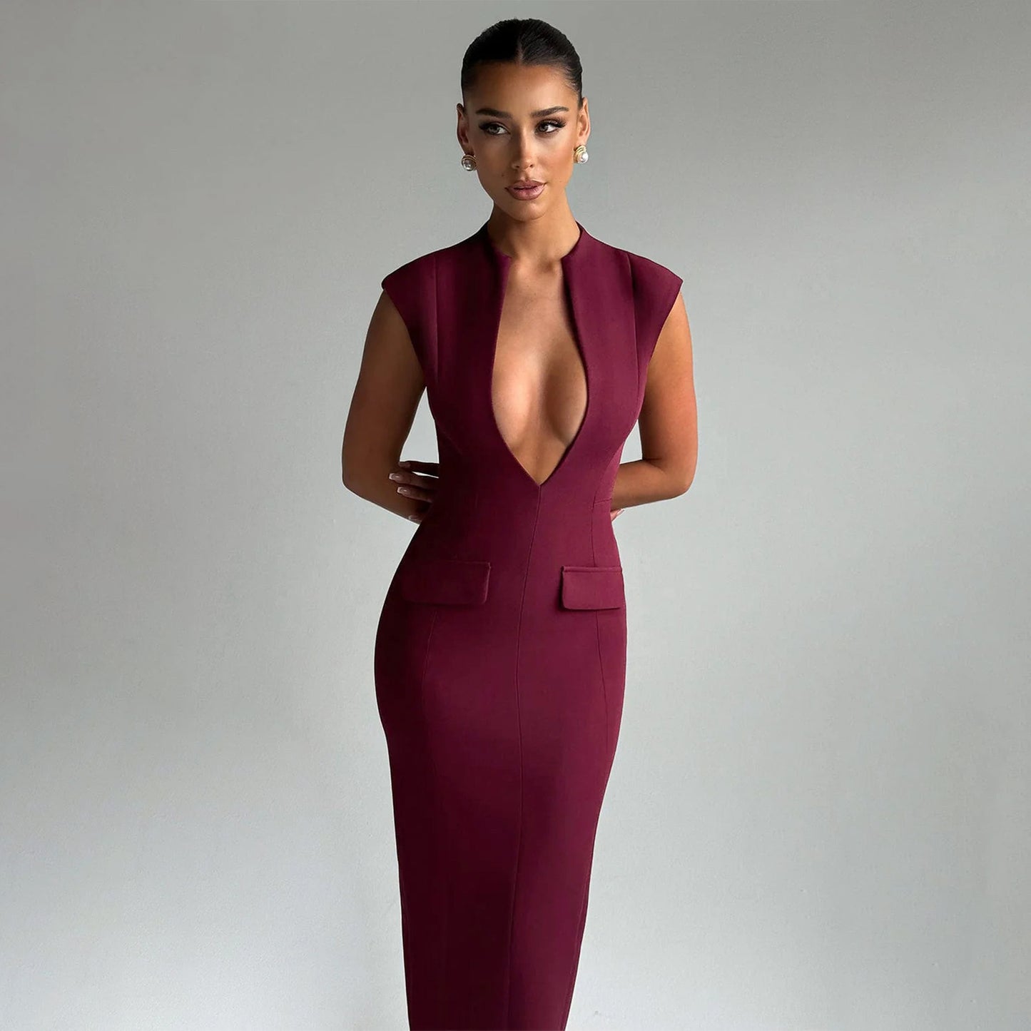 A705DS European and American cross-border 2025 spring new deep V pocket sexy solid color hip-wrapped slim dress women's - Mixbatch