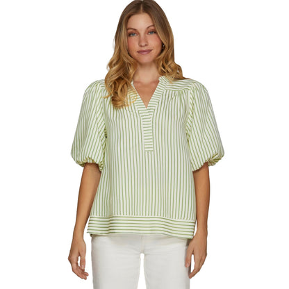 European beautiful women's shirt Amazon independent station cross-border 2025 new V-neck splicing bubble sleeve striped top