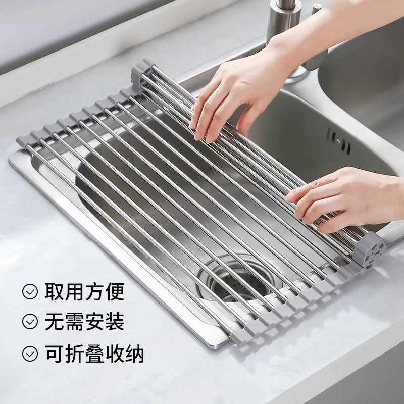 A Sink Folding Stainless Steel Drain Rack Kitchen Multifunctional Bowls Vegetables and Fruits Storage Drain Curtain