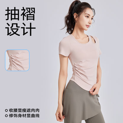A Skinny and wrinkled yoga clothes women's one cup with chest pad sports fitness top short sleeve summer