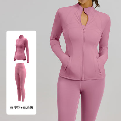 A Cross-border solid color splicing sports suit, slim fit training, fitness yoga clothes, women with pockets