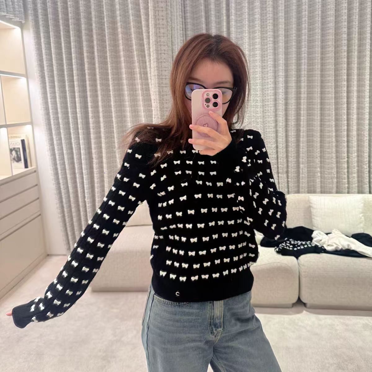 A long-sleeved knit top
