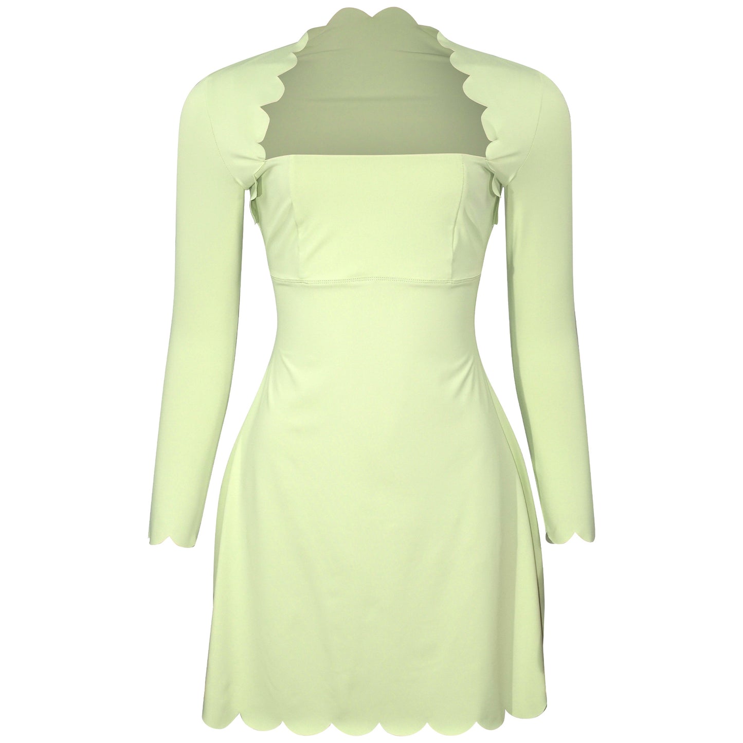 A672DS European and American cross-border 2025 spring women's square collar slim-fitting long-sleeved solid color splicing burnt lace short dress dress - Mixbatch