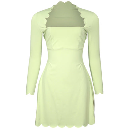 A672DS European and American cross-border 2025 spring women's square collar slim-fitting long-sleeved solid color splicing burnt lace short dress dress - Mixbatch