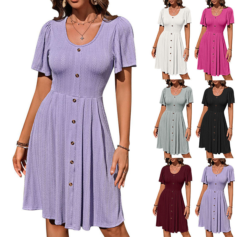 European and American cross-border 2025 Amazon summer new women's clothing round neck button elastic casual temperament short-sleeved dress