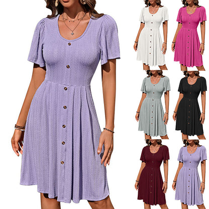 European and American cross-border 2025 Amazon summer new women's clothing round neck button elastic casual temperament short-sleeved dress