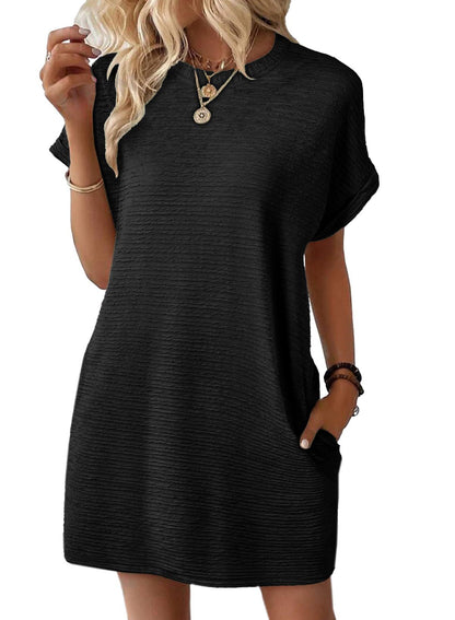 Europe, America, cross-border Amazon independent station 2025 summer new product loose round neck pocket solid color short-sleeved dress women