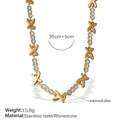 A European and American fashion ins necklace bracelet set light luxury cross-border X-shaped rhinestone stainless steel plated 18K gold bracelet women