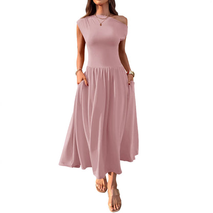 Cross-border Europe, America, Amazon Independent Station 2025 summer slanted shoulder sexy waist solid color long dress with pocket