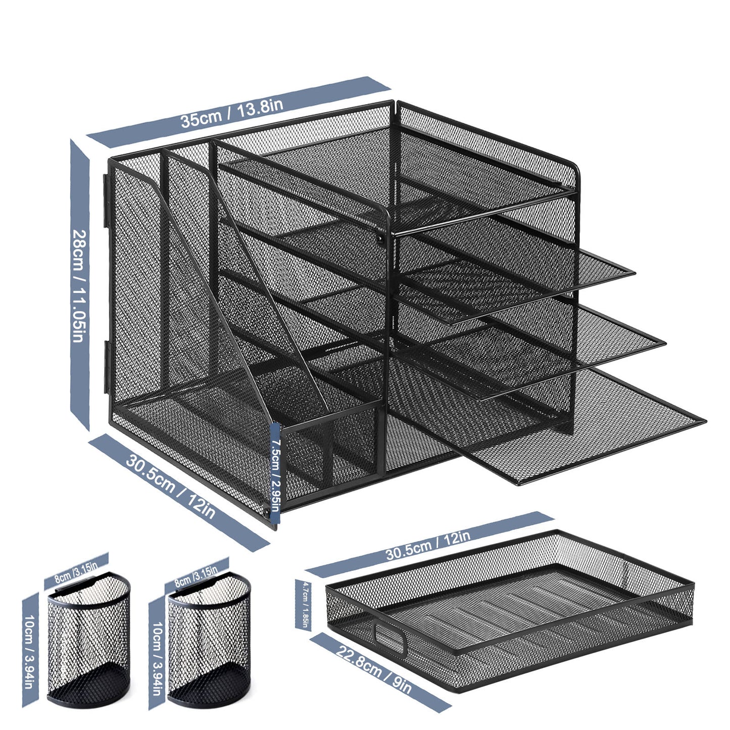 A Five-layer metal mesh rack, document storage rack with two pen holders, file rack, desk desktop rack