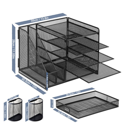 A Five-layer metal mesh rack, document storage rack with two pen holders, file rack, desk desktop rack