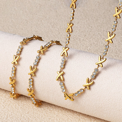 A European and American fashion ins necklace bracelet set light luxury cross-border X-shaped rhinestone stainless steel plated 18K gold bracelet women