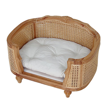 A solid wood pet bed