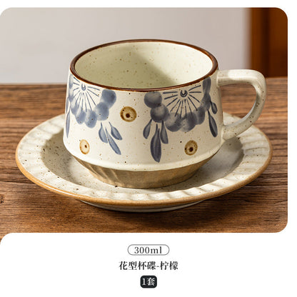 A retro stone coffee cup, premium sense, simple ceramic cup, exquisite latte latte flower cup, cappuccino mocha cup saucer
