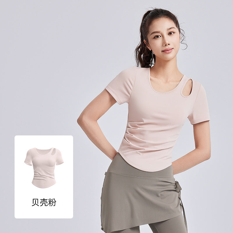 A Skinny and wrinkled yoga clothes women's one cup with chest pad sports fitness top short sleeve summer
