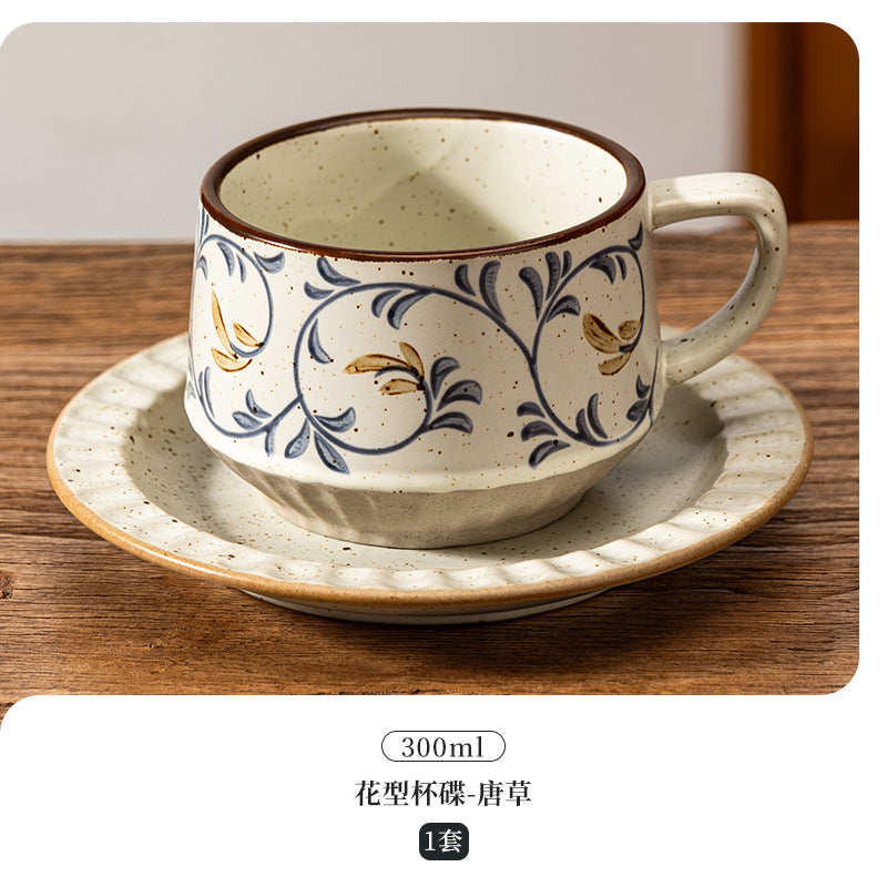 A retro stone coffee cup, premium sense, simple ceramic cup, exquisite latte latte flower cup, cappuccino mocha cup saucer