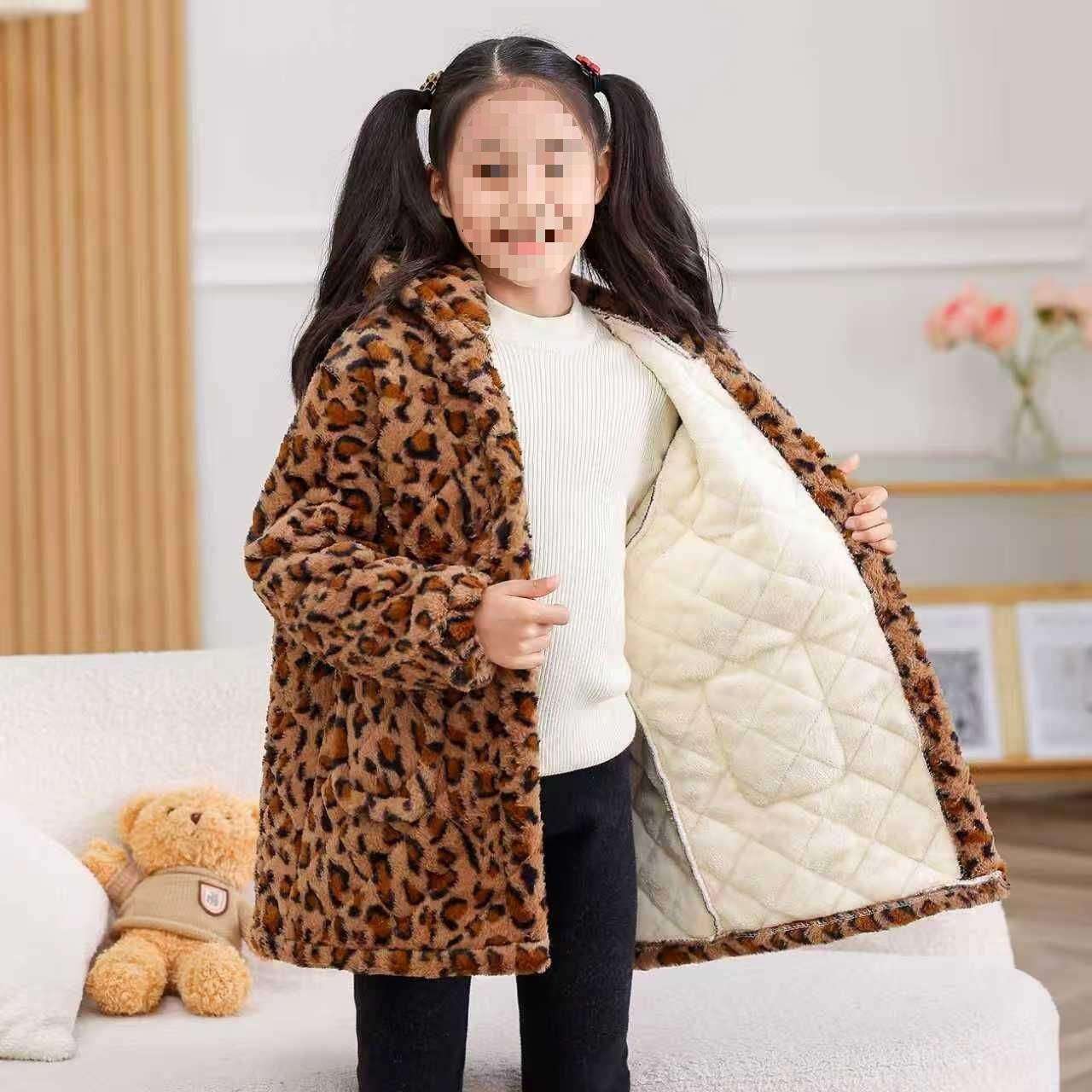 A extra thick girls princess wind leopard print warm winter blouse jacket fashion cotton-padded jacket velvet cotton-padded jacket