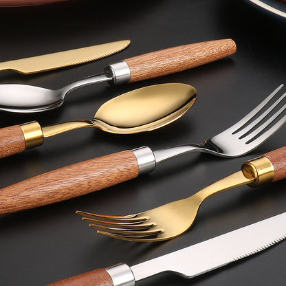 سكين وشوكة وملعقة من الفولاذ المقاوم للصدأ A304 بمقبض خشبي من خشب السابيلي